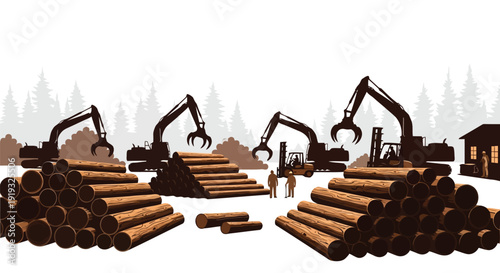Flat illustration of heavy machinery handling logs in a forestry operation site with workers isolated on white background