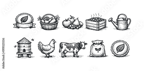 Eco-friendly farming silhouette icon set. Organic, agriculture, nature icons collection
