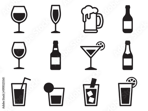 Alcohol drinks line icons wine beer cocktail vector