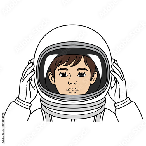 Child trying on oversized astronaut helmet vector illustration