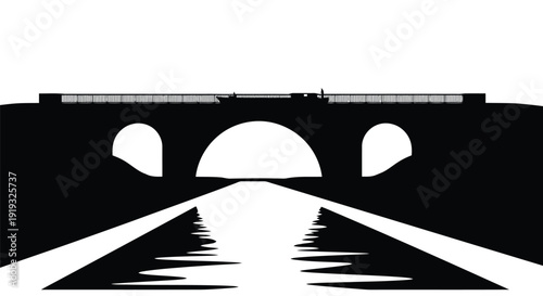 Dramatic black silhouette of a historic multi-arched bridge spanning a body of water under minimalist flat vector design isolated on white background
