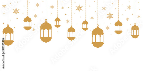 Elegant seamless pattern of hanging golden Arabian lanterns and decorative stars on a light background. Islamic festive design ideal for Ramadan, Eid greetings, invitations, wallpapers and banners.