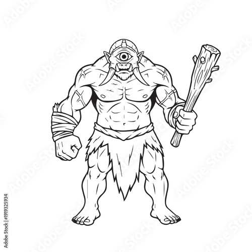Mighty Cyclops Warrior with Club and Fierce Expression, Mythological Creature Illustration for Fantasy or Gaming Concepts