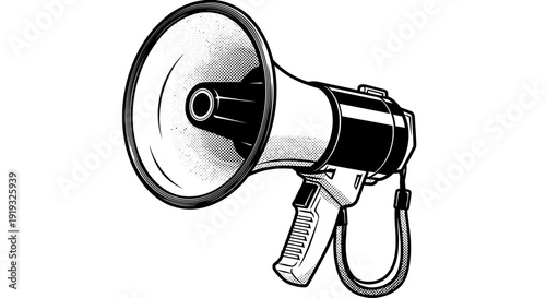 Black and white illustration of a megaphone with a cord.