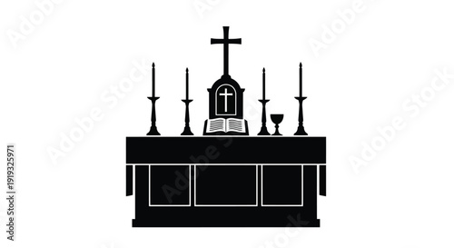 Minimalist black silhouette church altar with cross and religious symbols flat vector design isolated on white background