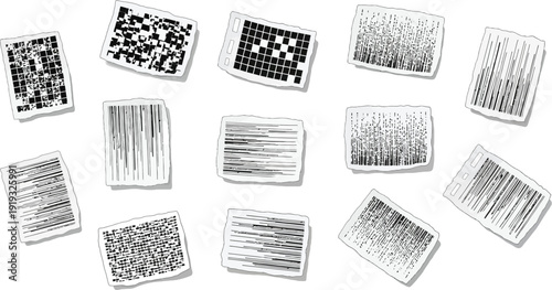 A collection of digital code snippets and barcode images are displayed on a white background.