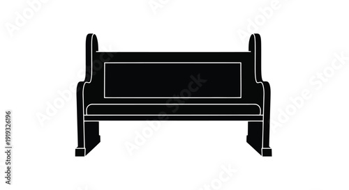 Minimalist flat vector silhouette of classic park bench with armrests isolated on white background