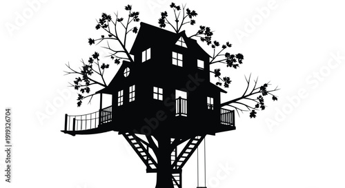 Whimsical black and white flat vector treehouse surrounded by branches and foliage isolated on white background