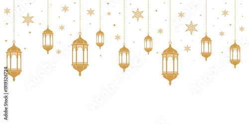Elegant seamless pattern of hanging golden Arabian lanterns and decorative stars on a light background. Islamic festive design ideal for Ramadan, Eid greetings, invitations, wallpapers and banners.