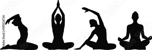 Silhouettes of Women Performing Yoga Poses on a White Background Keywords: yoga, silhouettes, women, poses, meditation