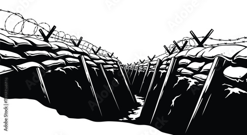 Detailed black and white trench warfare illustration with barbed wire and soldiers silhouette in flat vector art style isolated on white background