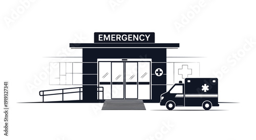 Flat illustration of emergency room entrance with ambulance and medical cross symbol isolated on white background