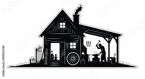Black and white flat vector silhouette of a person working in a rustic wooden house with vintage wagon wheel and garden isolated on white background