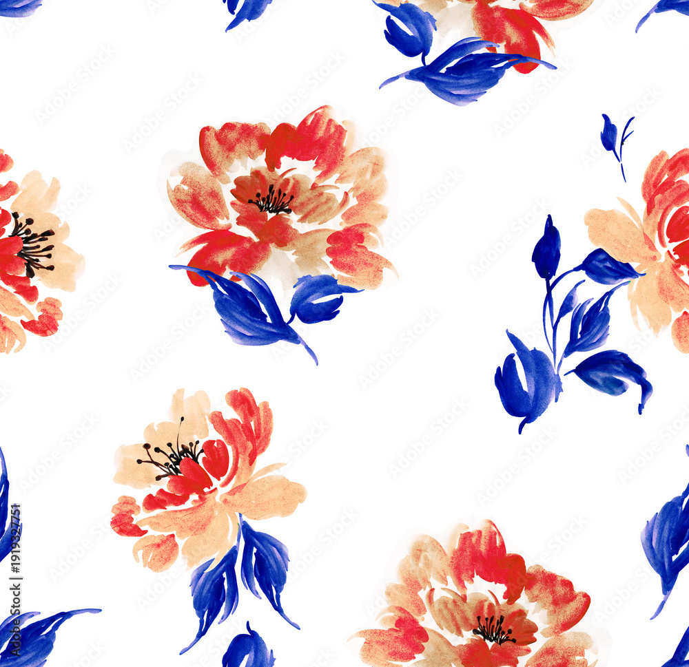 Fototapeta premium Seamless flowers pattern. Watercolor pattern design.