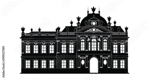 Elegant classical baroque style building silhouette vector flat design illustration isolated on white background