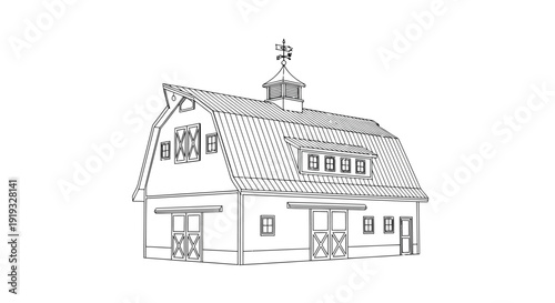 Elegant white barn style building with central cupola and double doors flat illustration isolated on white background