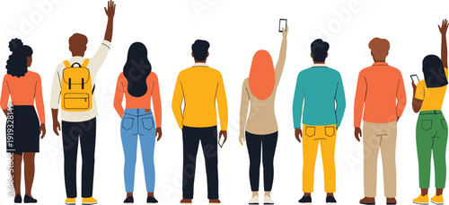 Diverse Group of Young Adults Standing Together from Rear View Raising Hands in Unity, Multicultural Community Teamwork and Social Connection Concept Illustration