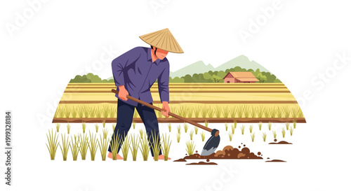 Traditional Indonesian Farmer Working in Paddy Field with Hoe Vector Illustration