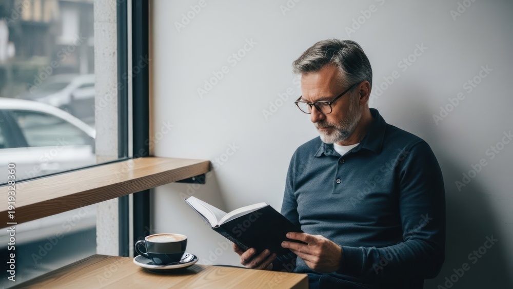 Fototapeta premium A man in glasses reading a book at a cafe table with coffee