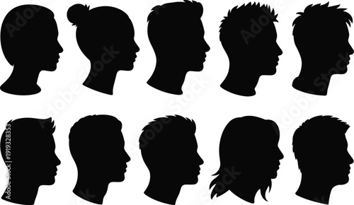 Ten Black Silhouettes of Human Head Profiles in Different Hairstyles on White Background male