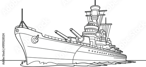 Military battleship at sea, naval warship sailing, armed vessel with guns, ocean defense ship, maritime military, powerful navy cruiser