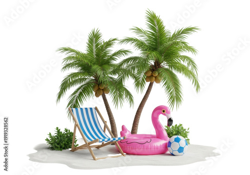 Two lush coconut palm trees, striped beach chair, and pink flamingo float on white sand, perfectly isolated on a transparent studio background. Concept of summer leisure and tranquility