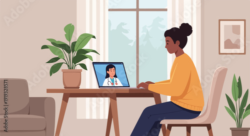 Woman having a video call with a doctor on her laptop at a desk in a modern living room