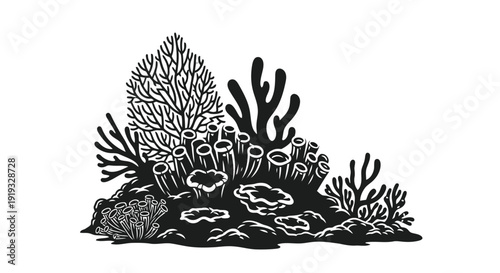 Detailed black and white underwater coral reef flat illustration with sea plants and marine life isolated on white background