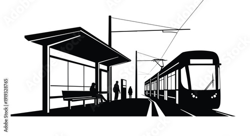 Modern tram arriving at minimalist bus stop silhouette vector flat design transportation scene isolated on white background