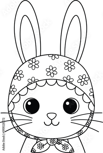 Cute rabbit wearing floral bonnet coloring page for kids black and white vector line art illustration