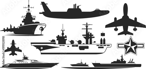 Military and civilian ships and planes, submarine, aircraft carrier, battleship, yacht, aviation, navy fleet, maritime, silhouette vector illustration