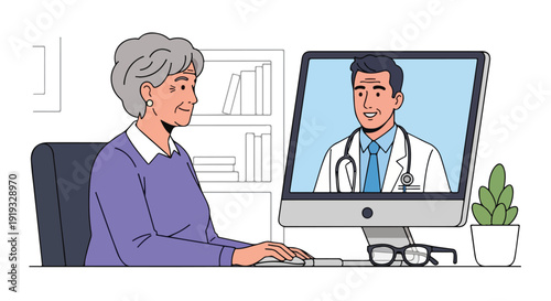 Senior woman consulting with a male doctor via video call on a desktop computer, accessing remote healthcare and telemedicine services from home.