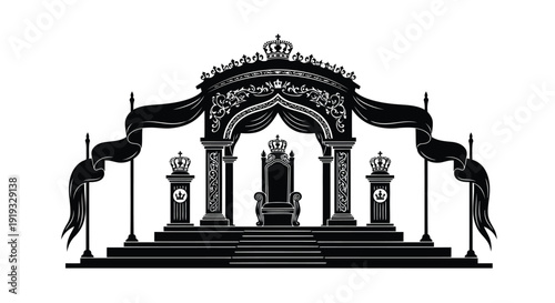 Elegant royal throne with crowns and flags in intricate black flat illustration style isolated on white background