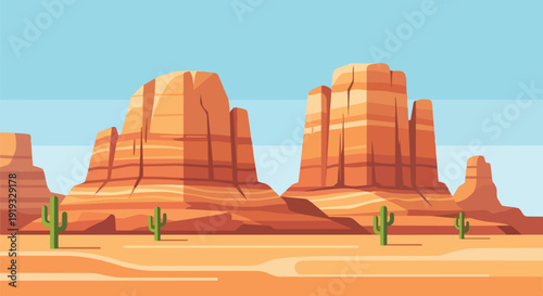 Stylized desert landscape with majestic layered rock formations and resilient saguaro cacti under a clear blue sky
