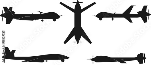 Military drone silhouettes from multiple angles, unmanned aerial vehicles, black vector icons, modern UAV technology, surveillance drone, remote controlled aircraft
