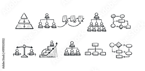 Business hierarchy flat icon set. Structured workflow, organizational chart icons