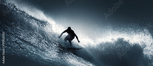 Silhouette of surfer riding a steep wave at sunrise with dramatic spray and blue tones