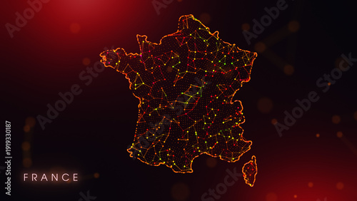 A creative cartography design featuring the France country border in a colorful plexus style. Glowing red and orange dots and lines represent digital technology and business communication.