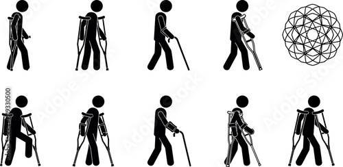 People using crutches and walking sticks silhouettes set, cad drawing flat vector illustration featuring injured person recovery and mobility assistance.