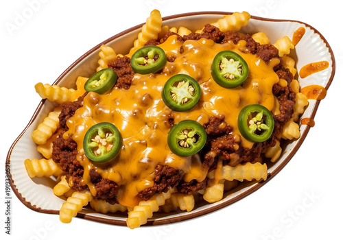 A delicious plate of chili cheese fries topped with sliced jalapenos.