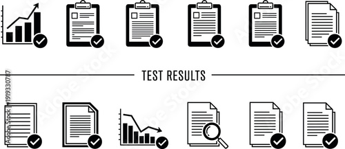 Business test results and data analysis icons set featuring bar charts with growth and decline trends, 