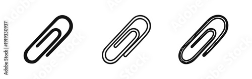 Paper clip icon set, including solid, outline, and hand-drawn styles, for office and stationery themes.
