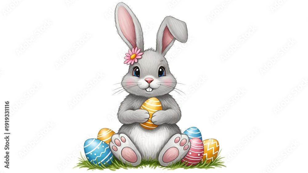 Obraz premium Cute gray bunny with colorful Easter eggs sitting on grass holding an egg during Easter celebrations in spring season