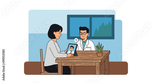 Doctor and patient in a telemedicine consultation via tablet, discussing health results and medical advice.
