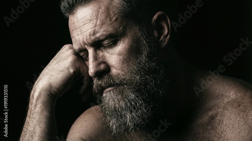 Thoughtful man resting chin on hand in moody lowkey studio portrait. Contemplative bearded male face with dramatic shadows. Emotional introspection and character expression concept