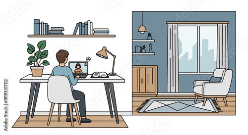 Professional man working remotely from home, participating in a video conference call on his laptop. Modern flat illustration of online meetings and a home office.