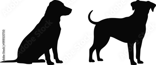 Two Dog Silhouettes Sitting and Standing on White Background Keywords: dog, dogs, silhouette, animal, pet, canine, mammal