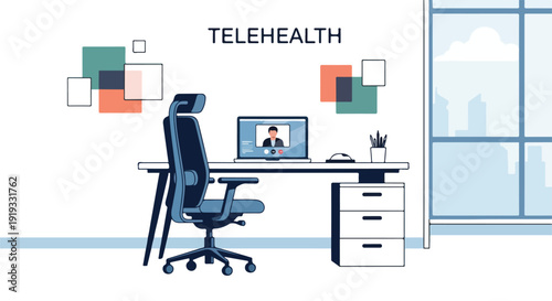 Modern office workspace with laptop showing a telehealth video conference, illustrating remote medical consultation and virtual healthcare services from home or office.