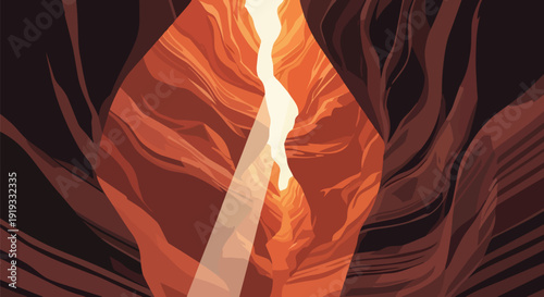 A majestic slot canyon with a dramatic sunbeam illuminating ancient, textured red rock walls. This artwork captures profound beauty and immense
