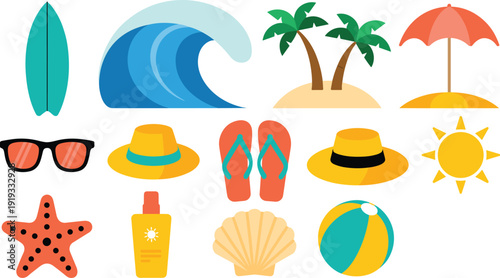 Summer beach vacation flat vector icon set with surfboard, ocean wave, island, sun umbrella and holiday accessories for travel design